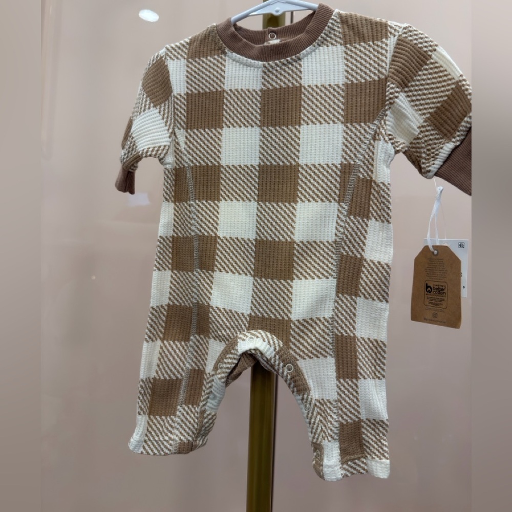 Plaid Pattern Kids Bodysuit in Brown and White
